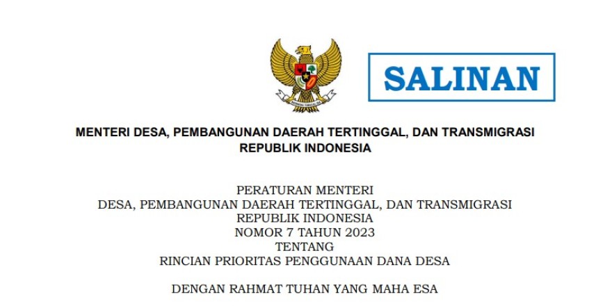 PERMENDES PDTT NO 7 TAHUN 2023 TENTANG RINCIAN PRIORITAS PENGGUNAAN DANA DESA